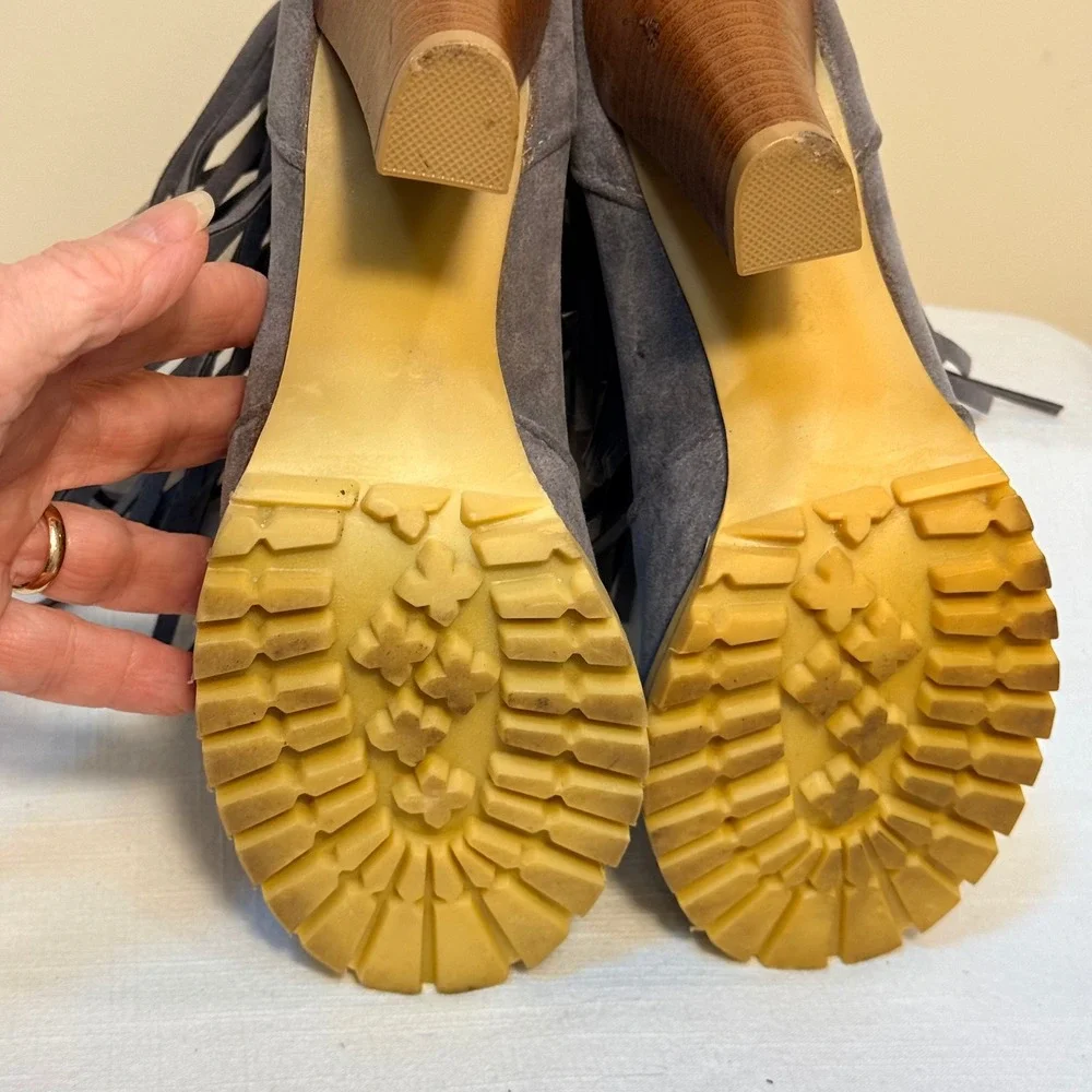 Unbranded Fringe Suede Ankle‎ Boots Size 7 Gray Block Heel Lug Sole Boho Zip